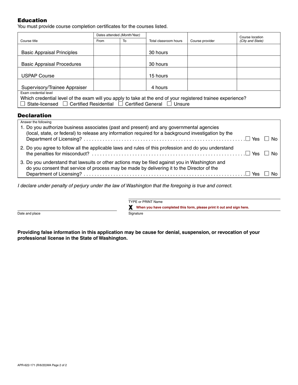 Form APR-622-171 Real Estate Appraiser Trainee Registration Application - Washington, Page 2