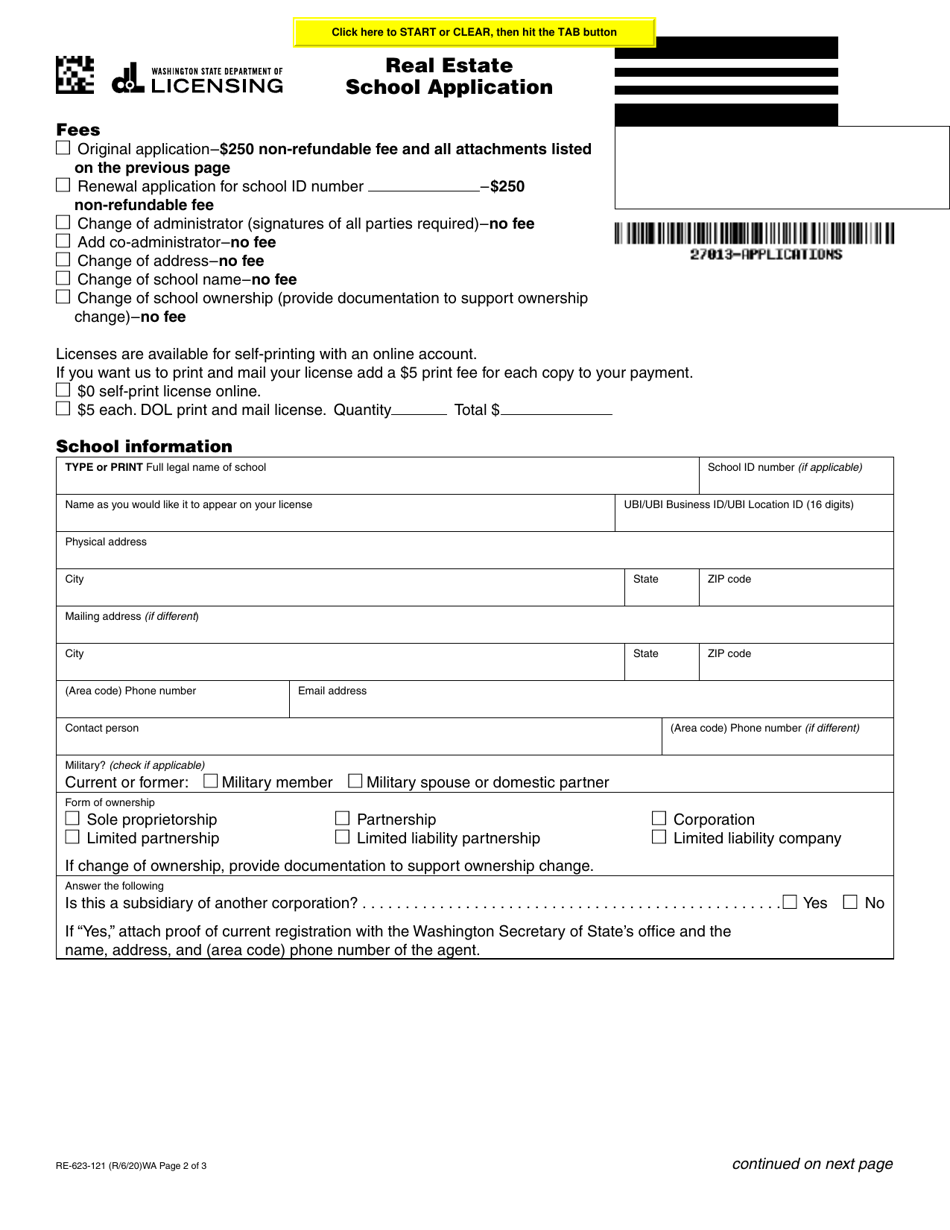 Form RE-623-121 Real Estate School Application - Washington, Page 2