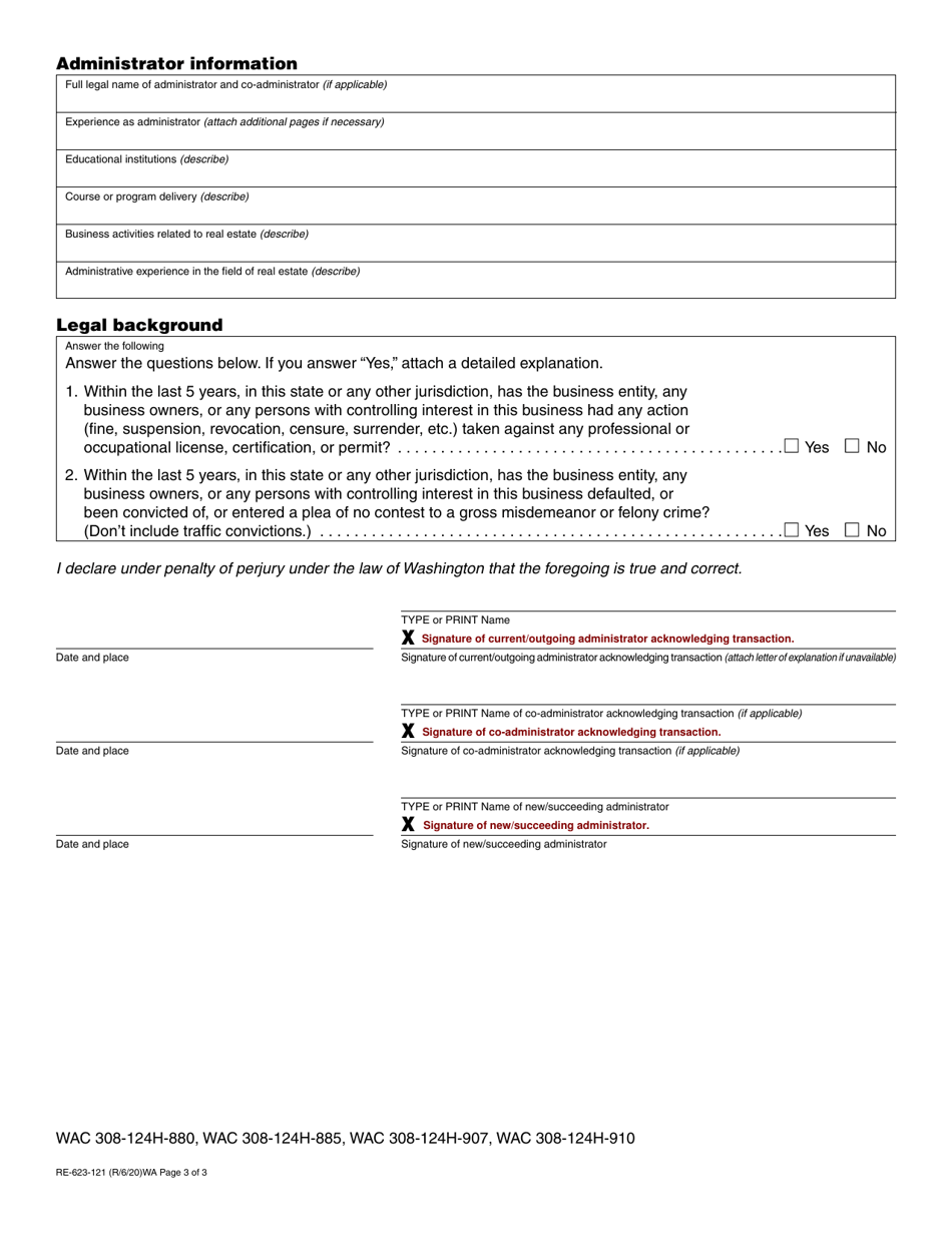 Form RE-623-121 Real Estate School Application - Washington, Page 3