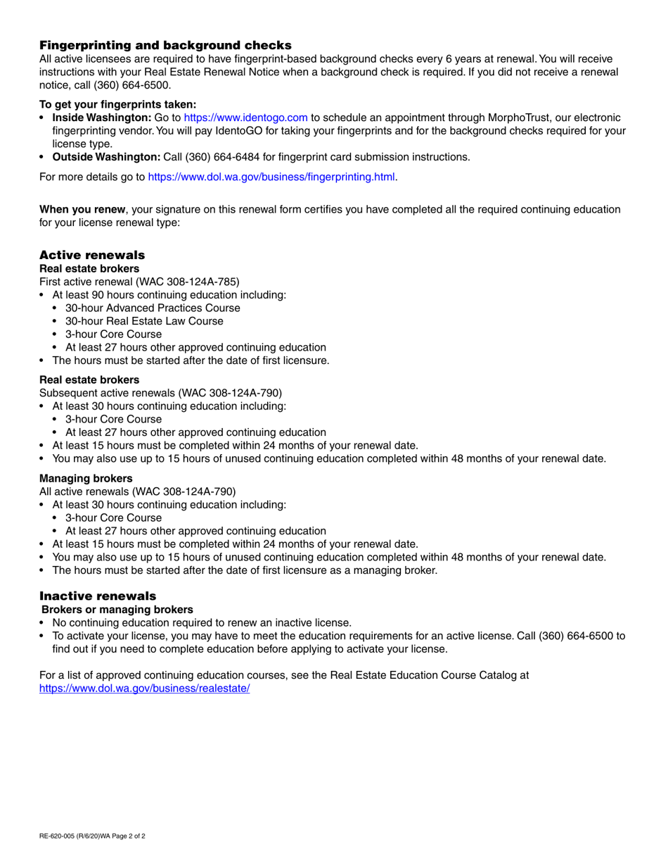 Form RE-620-005 Real Estate License Renewal - Washington, Page 2