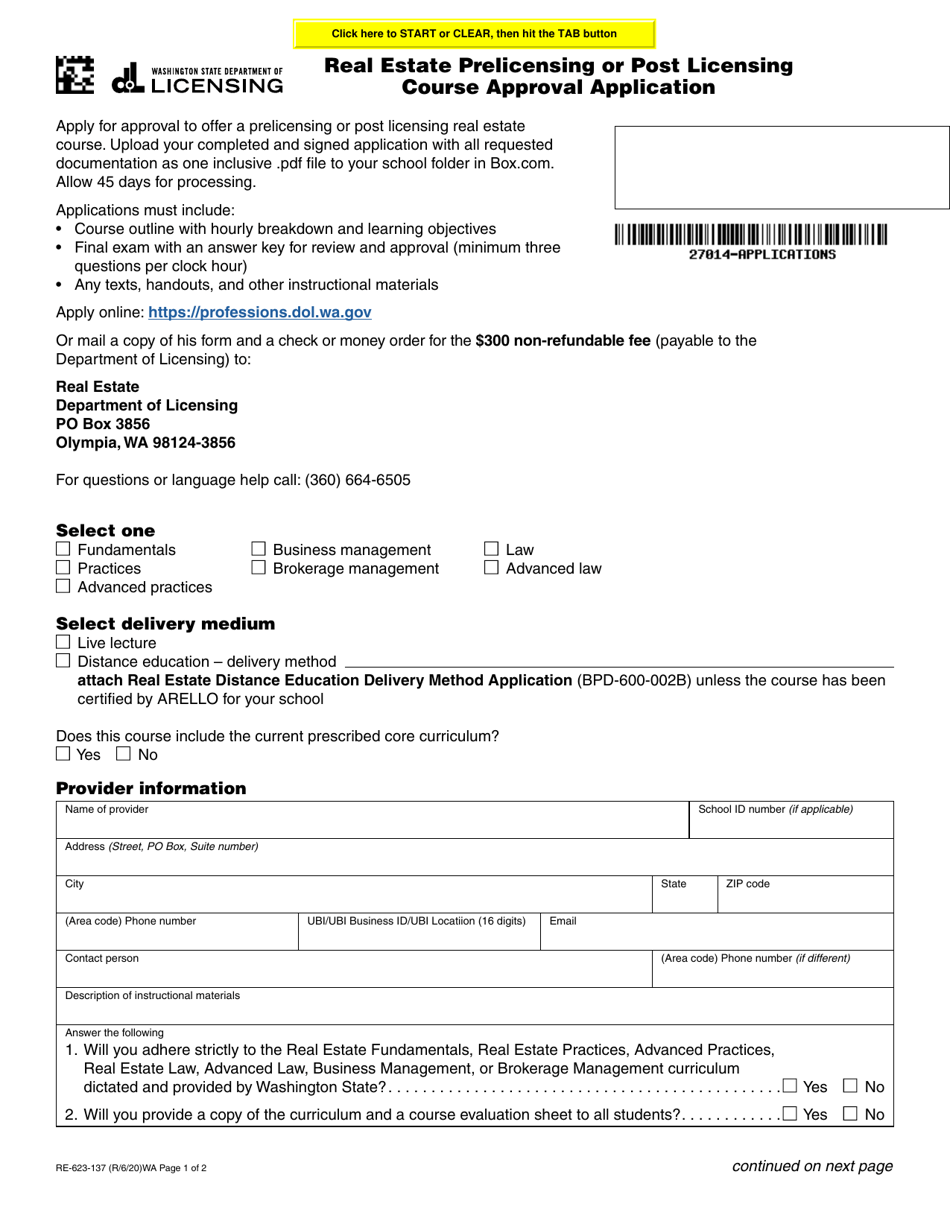 Form RE-623-137 Real Estate Prelicensing or Post Licensing Course Approval Application - Washington, Page 1