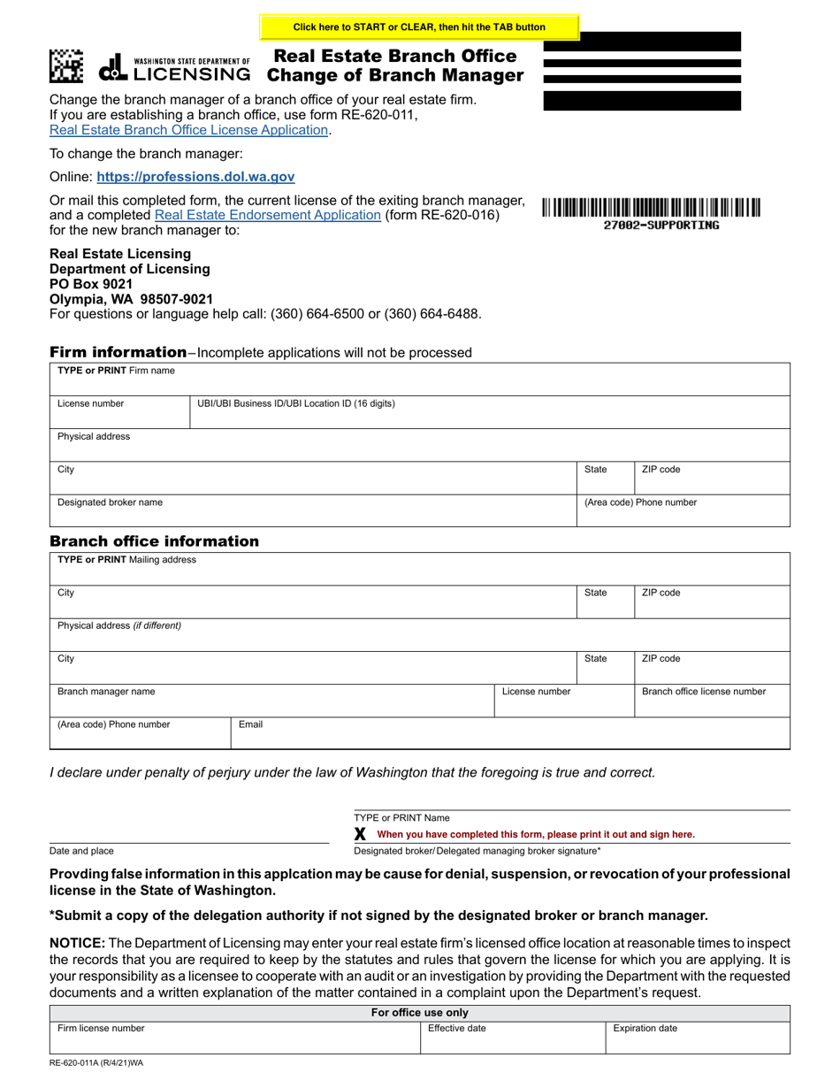 Form RE-620-011A Real Estate Branch Office Change of Branch Manager - Washington, Page 1