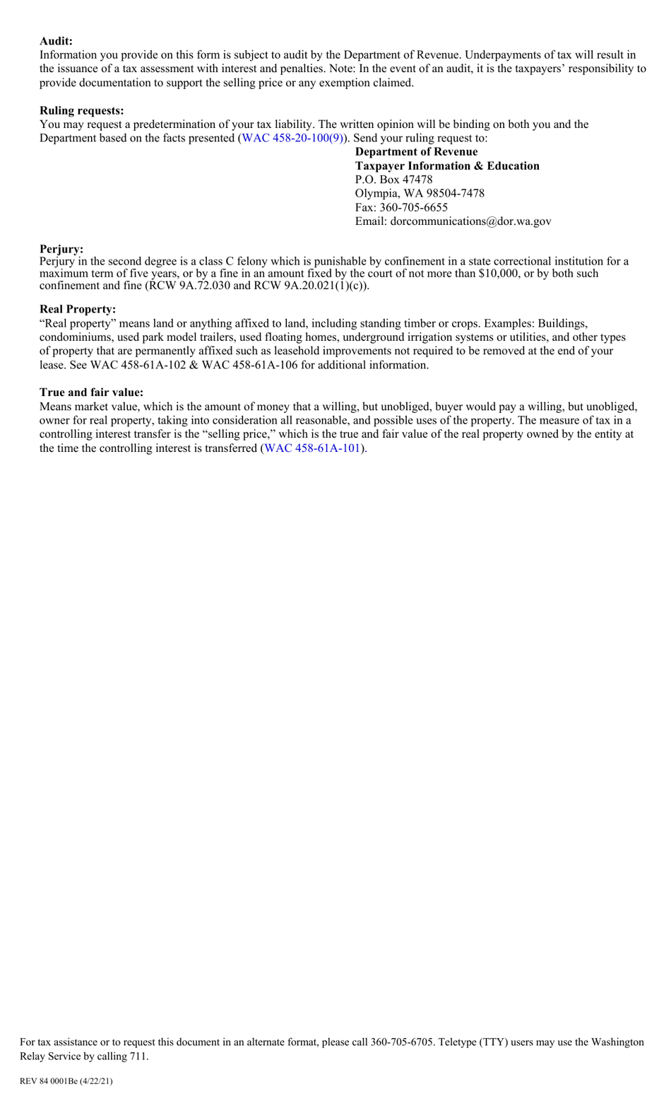 Form REV84 0001BE Real Estate Excise Tax Affidavit Controlling Interest Transfer Return - Washington, Page 3