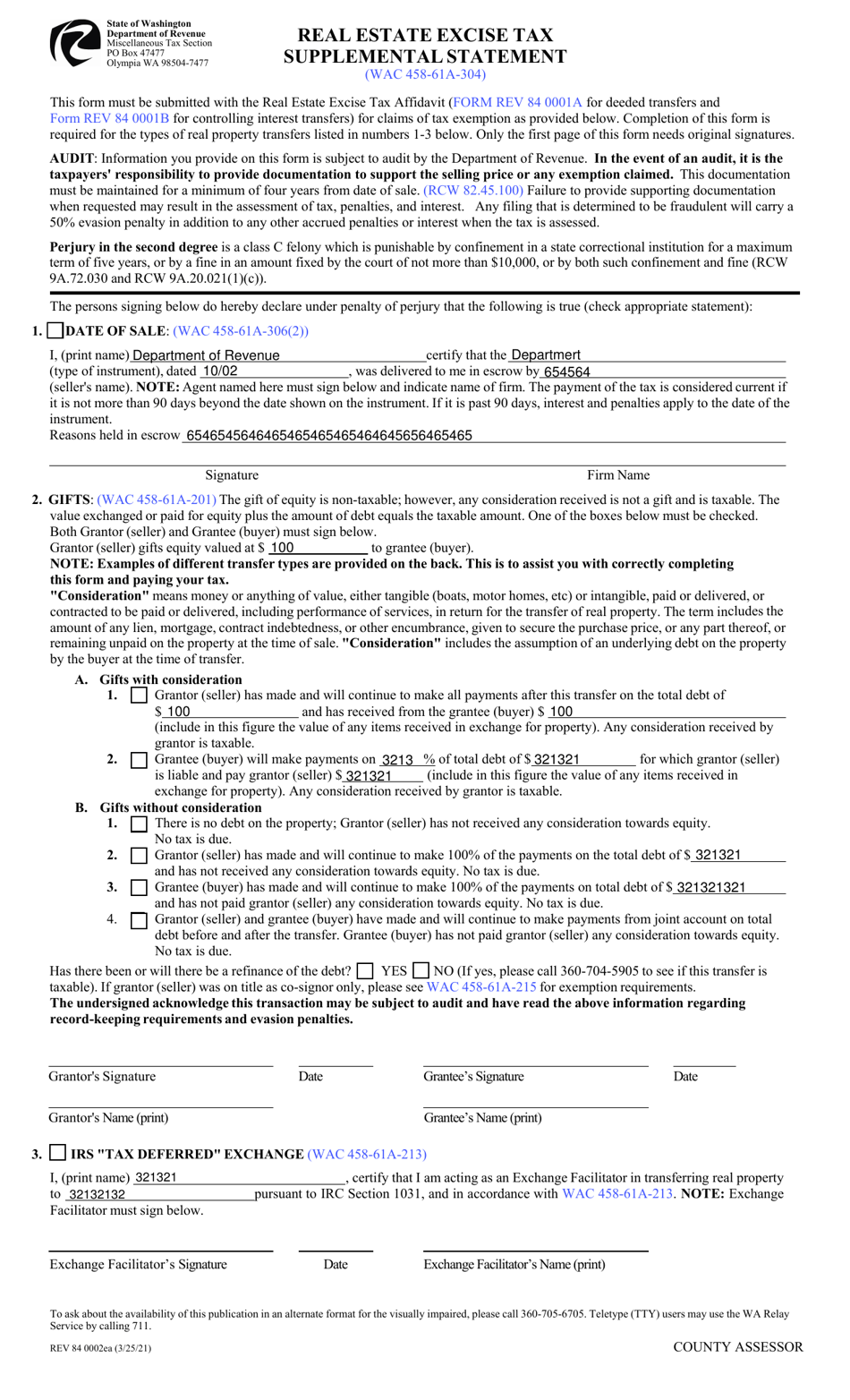 Form REV84 0002EA Real Estate Excise Tax Supplemental Statement - Washington, Page 2
