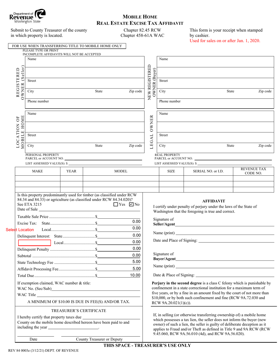 Form REV84 0003E Download Fillable PDF or Fill Online Mobile Home Real Estate Excise Tax
