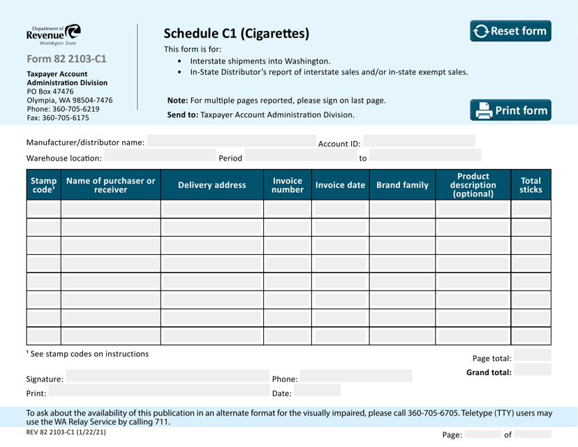 Form REV82 2103-C1 Schedule C1 Cigarettes - Washington