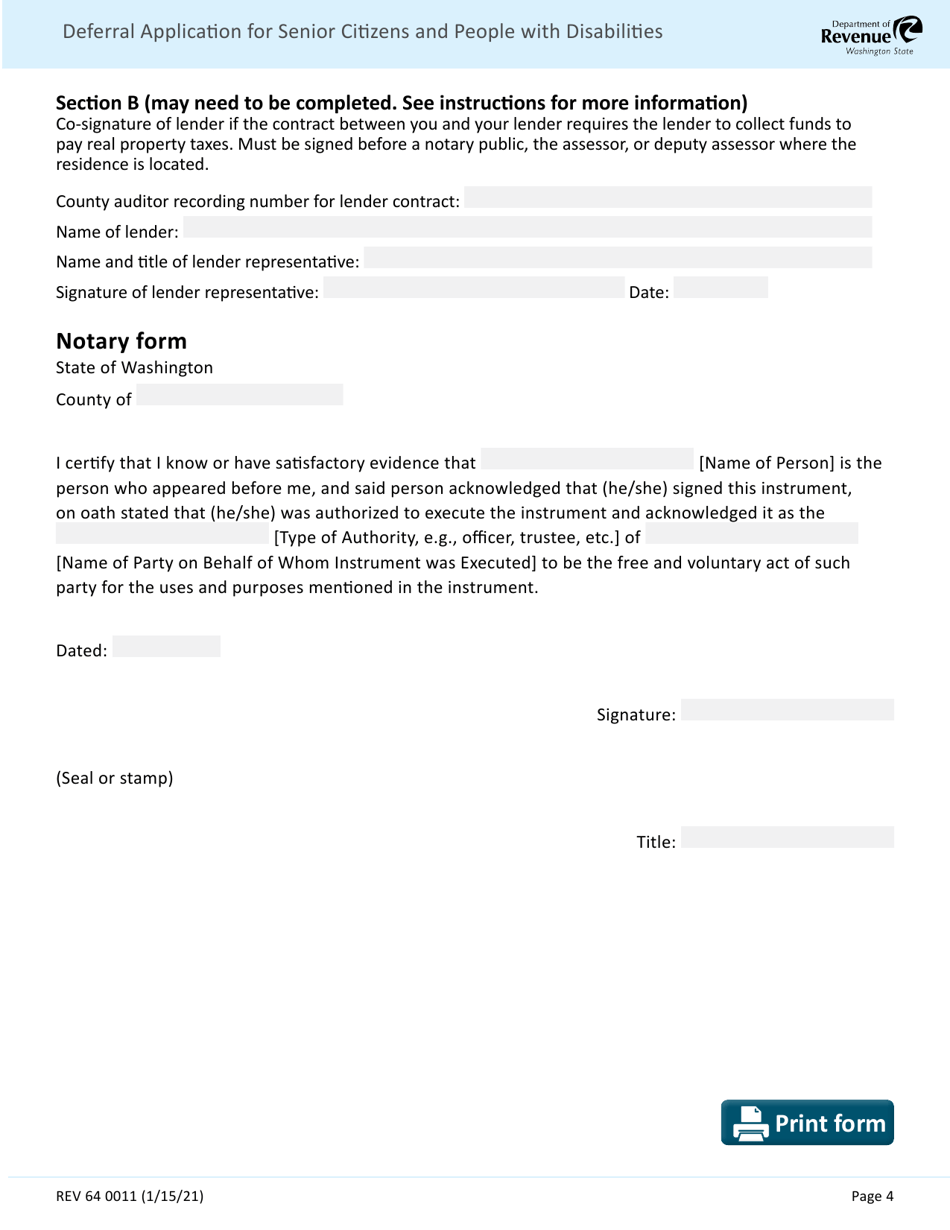 Form REV64 0011 Deferral Application for Senior Citizens and People With Disabilities - Washington, Page 4