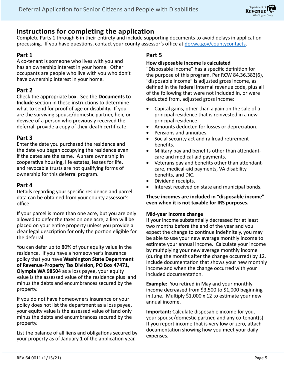 Form REV64 0011 Deferral Application for Senior Citizens and People With Disabilities - Washington, Page 5
