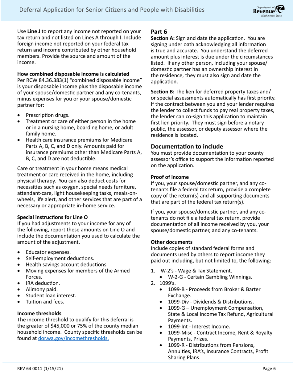Form REV64 0011 Deferral Application for Senior Citizens and People With Disabilities - Washington, Page 6