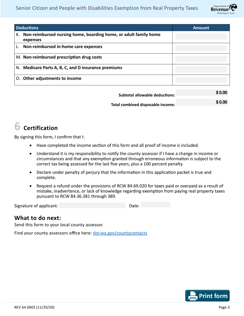 Form REV64 0002 Senior Citizen and People With Disabilities Exemption From Real Property Taxes - Washington, Page 3