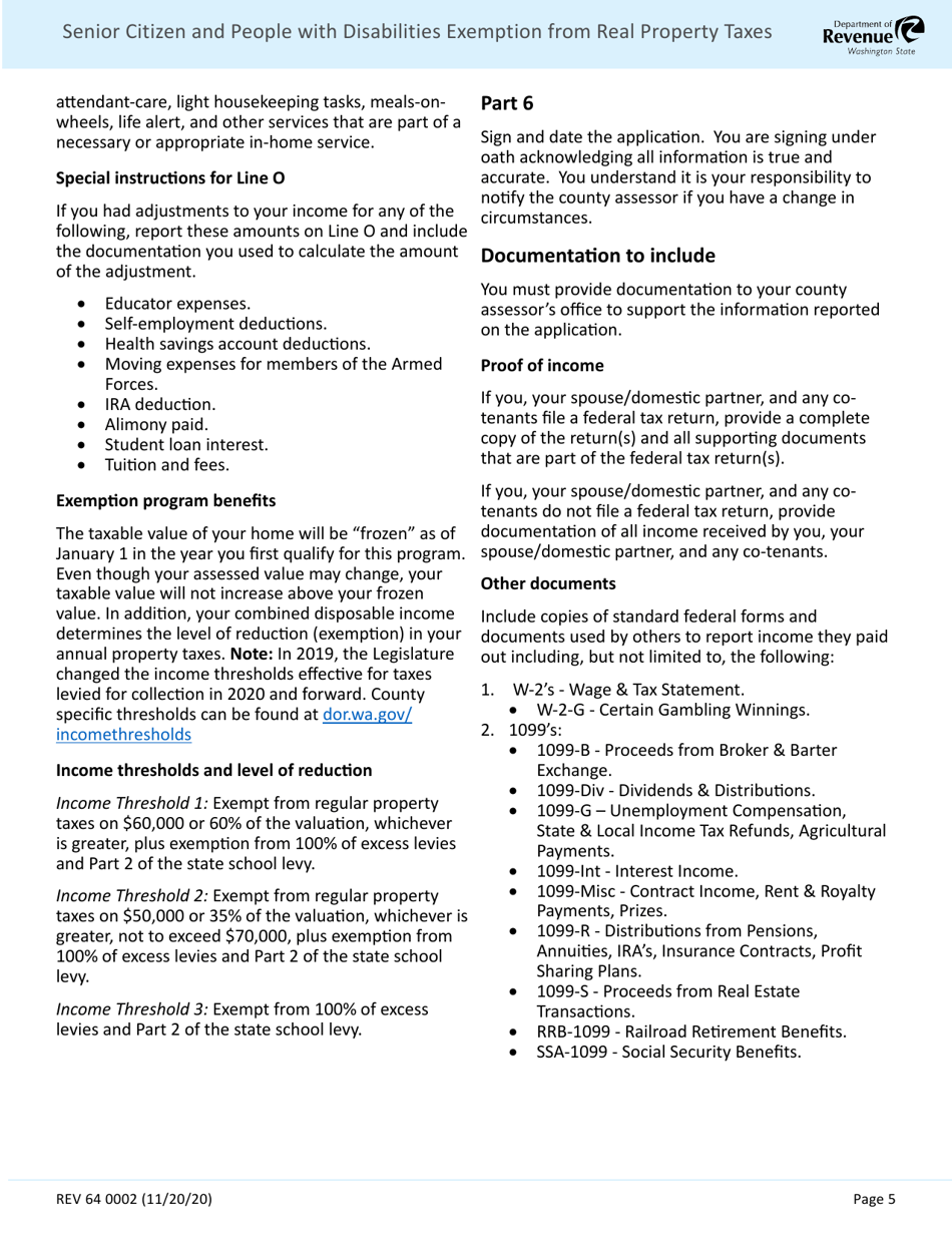 Form REV64 0002 Senior Citizen and People With Disabilities Exemption From Real Property Taxes - Washington, Page 5