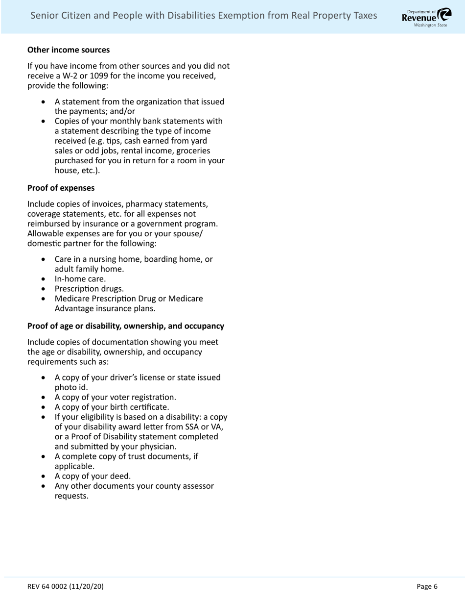 Form REV64 0002 Senior Citizen and People With Disabilities Exemption From Real Property Taxes - Washington, Page 6