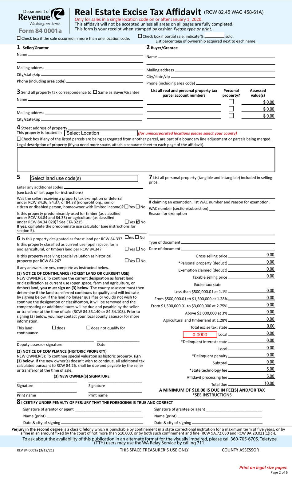 Form REV84 0001A Real Estate Excise Tax Affidavit - Washington, Page 2