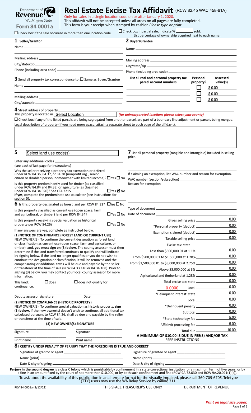 Form REV84 0001A Real Estate Excise Tax Affidavit - Washington, Page 3