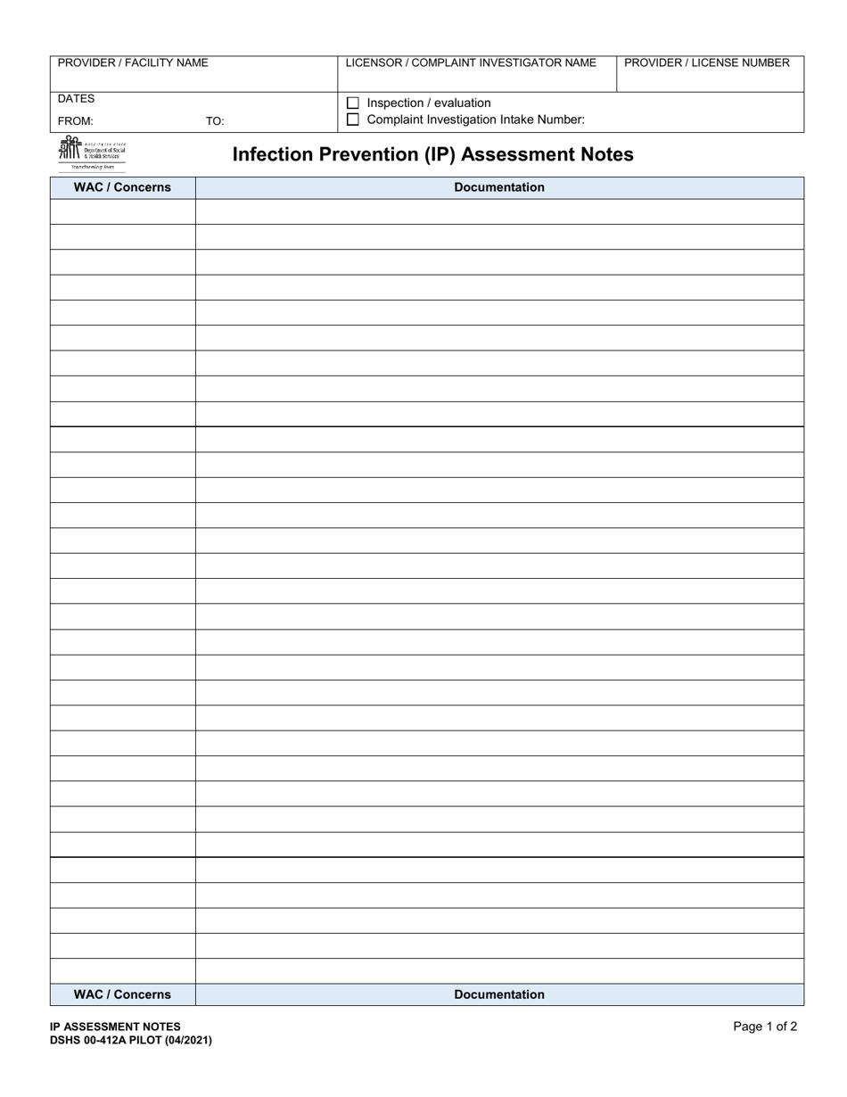 DSHS Form 00-412A Infection Prevention (Ip) Assessment Notes - Washington, Page 1