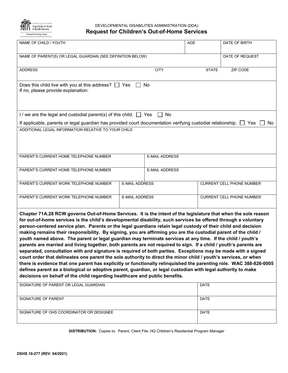 DSHS Form 10-277 Request for Childrens out-Of-Home Services - Washington, Page 1