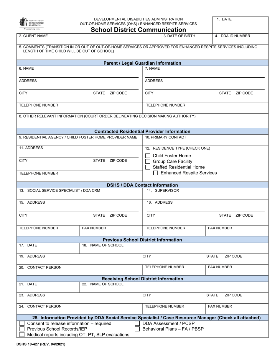 DSHS Form 10-427 School District Communication - Washington, Page 1