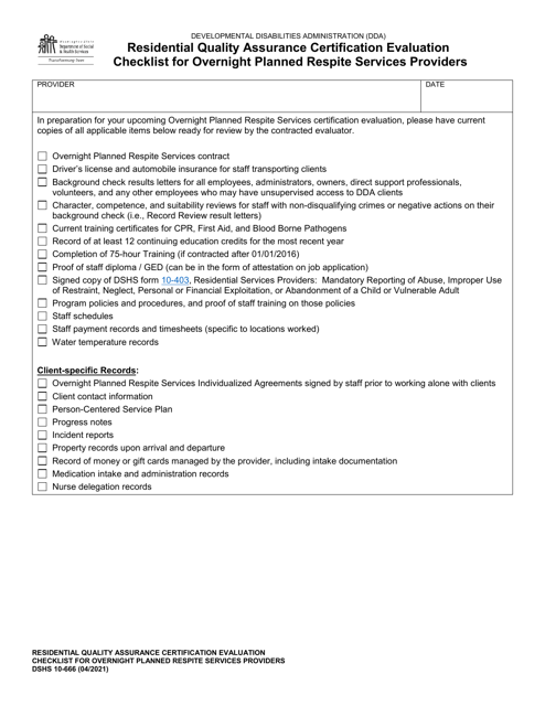 DSHS Form 10-666 Residential Quality Assurance Certification Evaluation Checklist for Overnight Planned Respite Services Providers - Washington