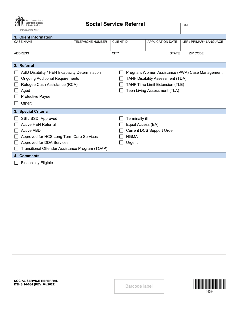 DSHS Form 14-084 Social Service Referral - Washington, Page 1