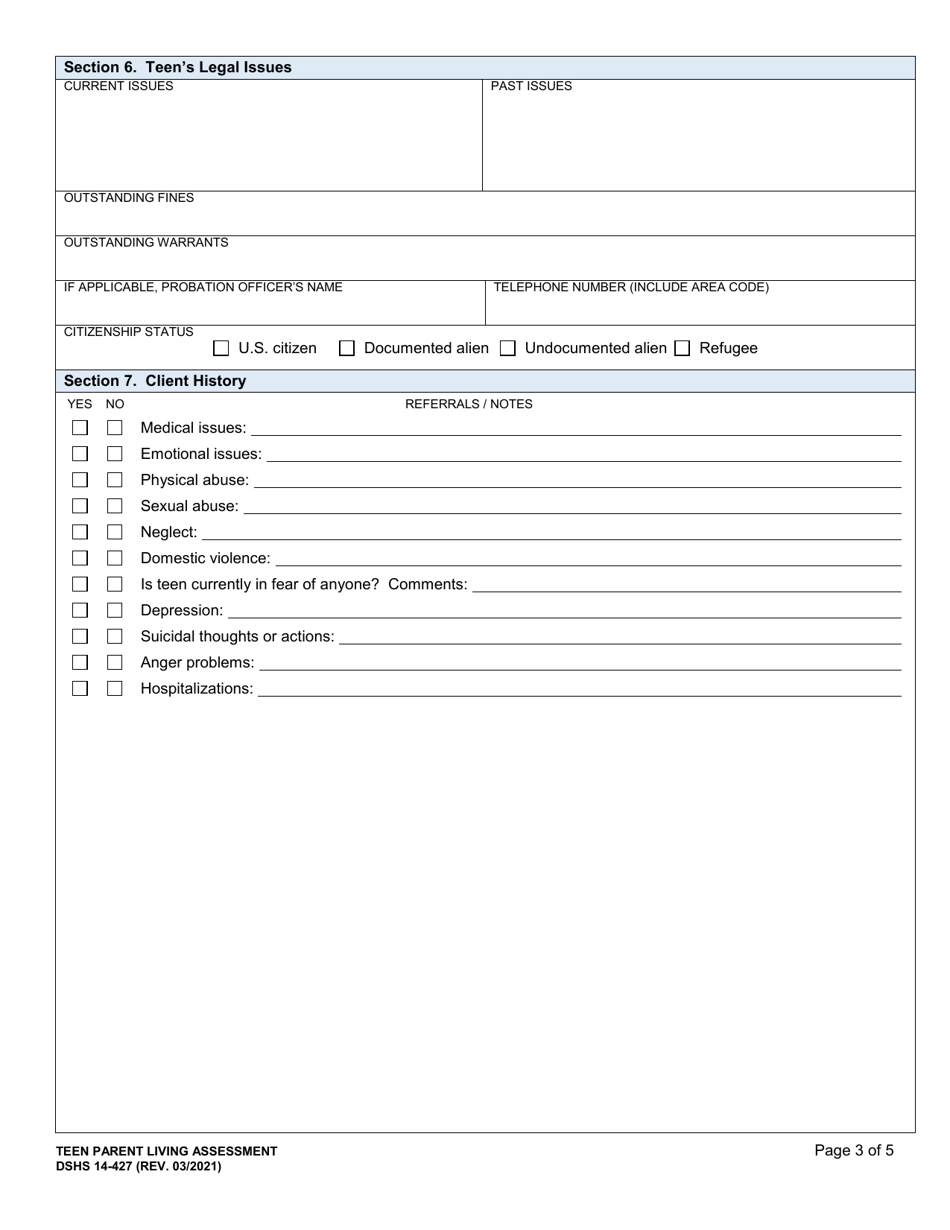 DSHS Form 14-427 Teen Parent Living Assessment - Washington, Page 3