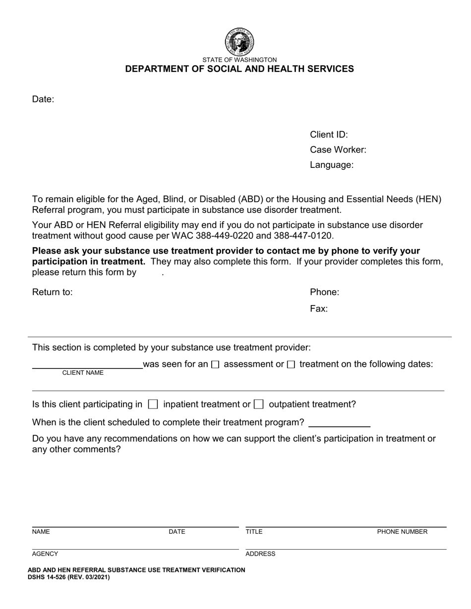 DSHS Form 14-526 Abd and Hen Referral Substance Use Treatment Verification - Washington, Page 1
