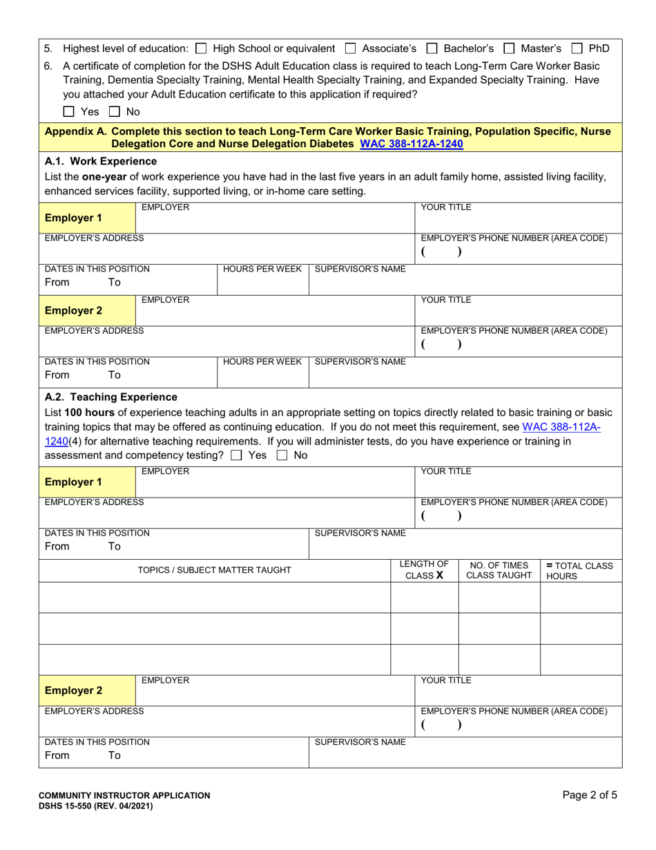 DSHS Form 15-550 Community Instructor Application - Washington, Page 2