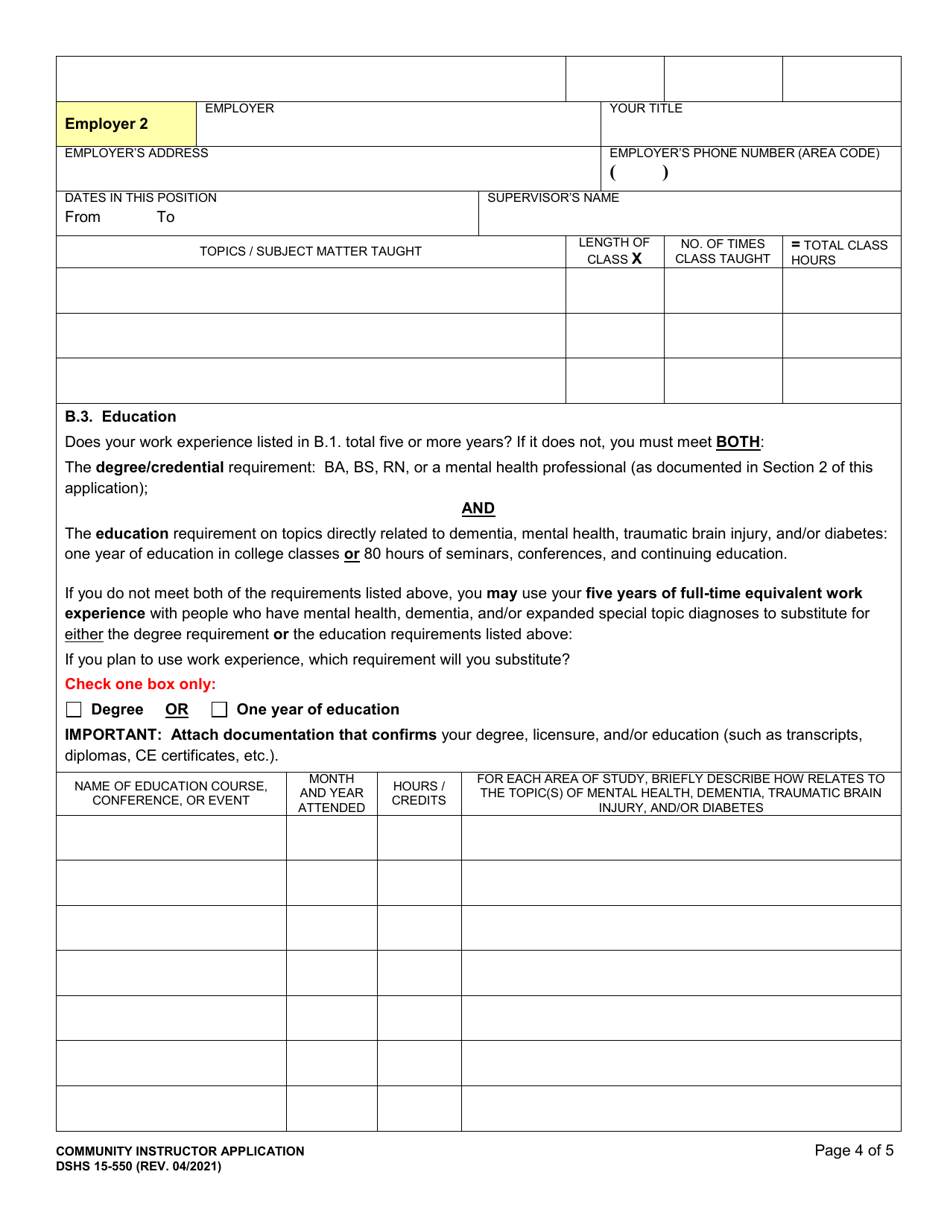 DSHS Form 15-550 Community Instructor Application - Washington, Page 4