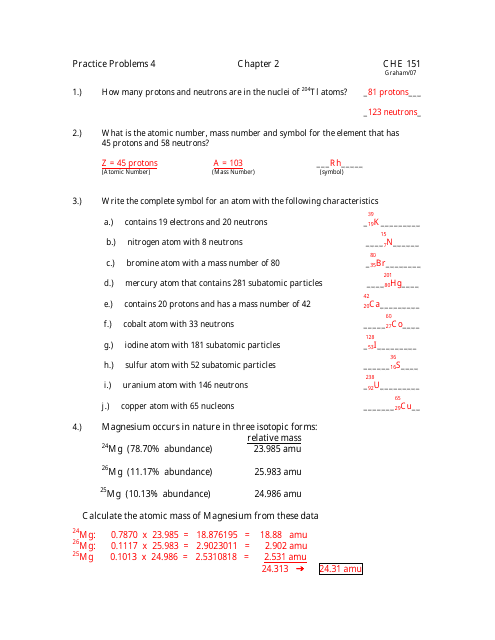Che 151, Practice Problems 4 Chapter 2 Worksheet With Answer Key - Tucker High School Preview