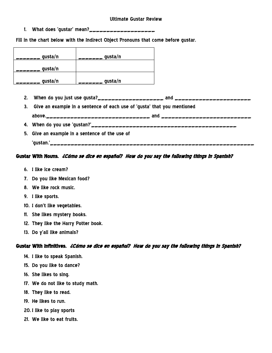 Spanish Verb Gustar Worksheet - Worksheet with exercises to practice conjugating the verb 'gustar' in Spanish.