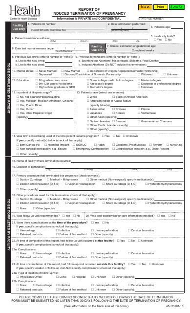 Form 45-113 Report of Induced Termination of Pregnancy - Oregon