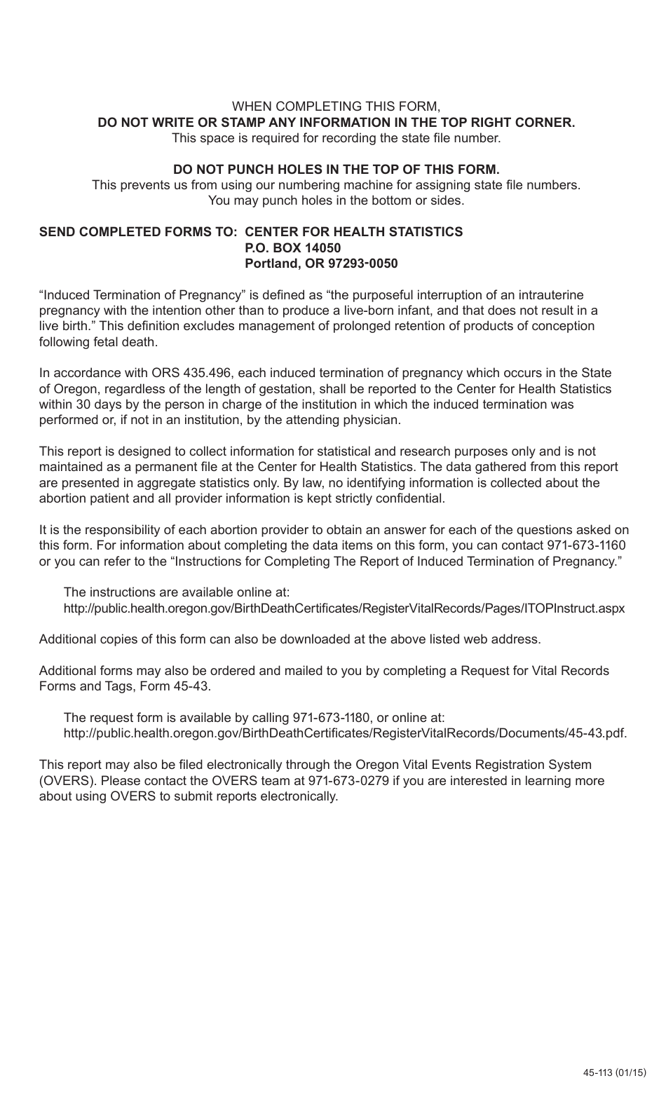 Form 45-113 Report of Induced Termination of Pregnancy - Oregon, Page 2