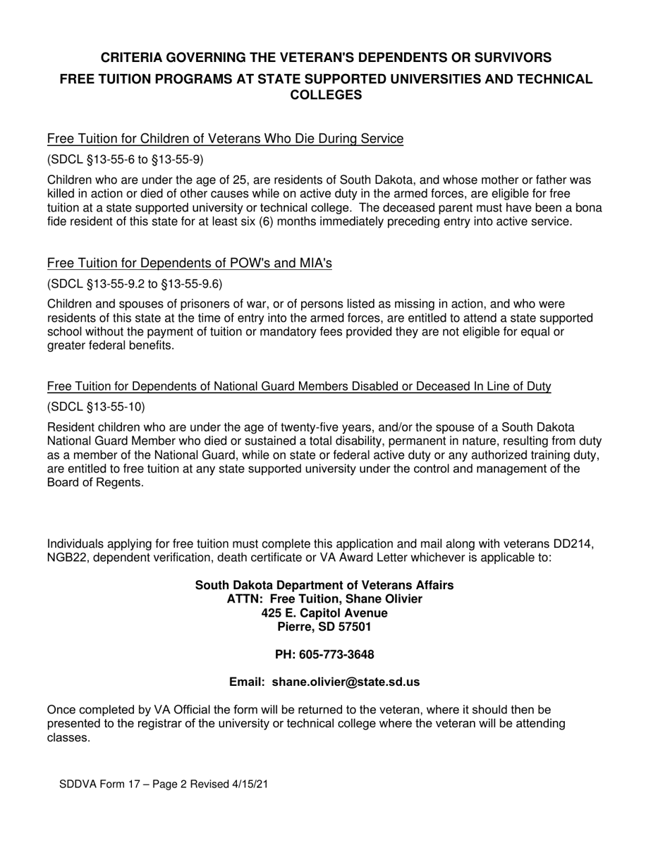 SDDVA Form 17 Veterans Dependents or Survivors Application for Free Tuition at State Supported Universities and Technical Colleges - South Dakota, Page 2
