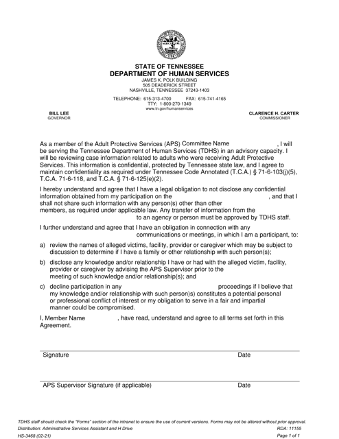 Form HS-3468 Aps Confidentiality and Nondisclosure Agreement Letter - Tennessee