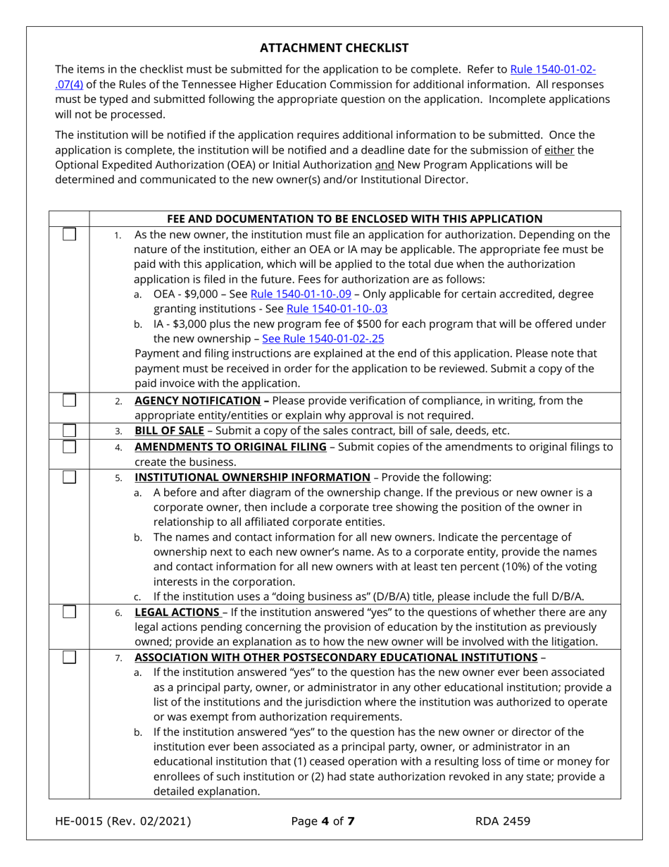 Form HE-0015 Application for Change of Ownership and Request for Conditional Authorization - Tennessee, Page 4