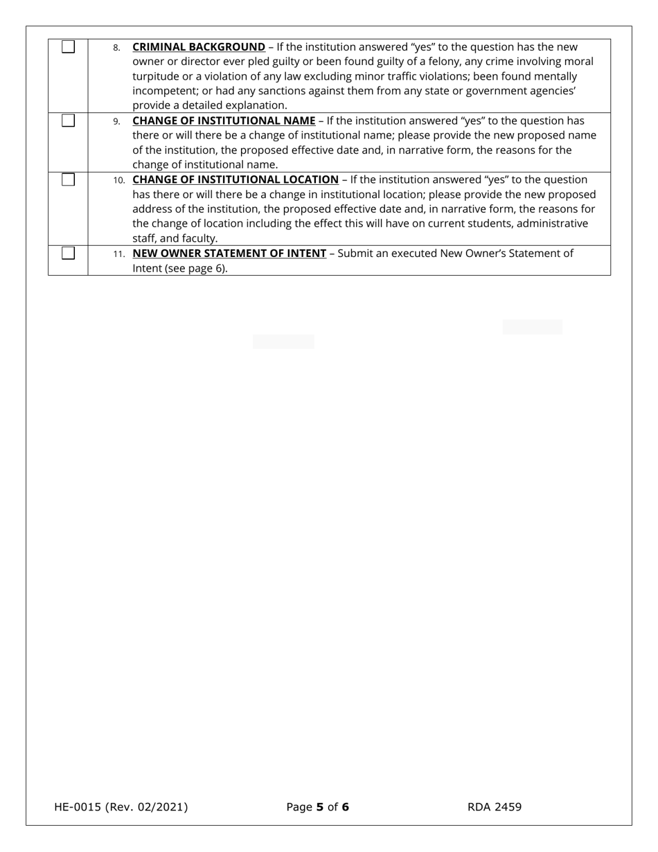Form HE-0015 Application for Change of Ownership and Request for Conditional Authorization - Tennessee, Page 5