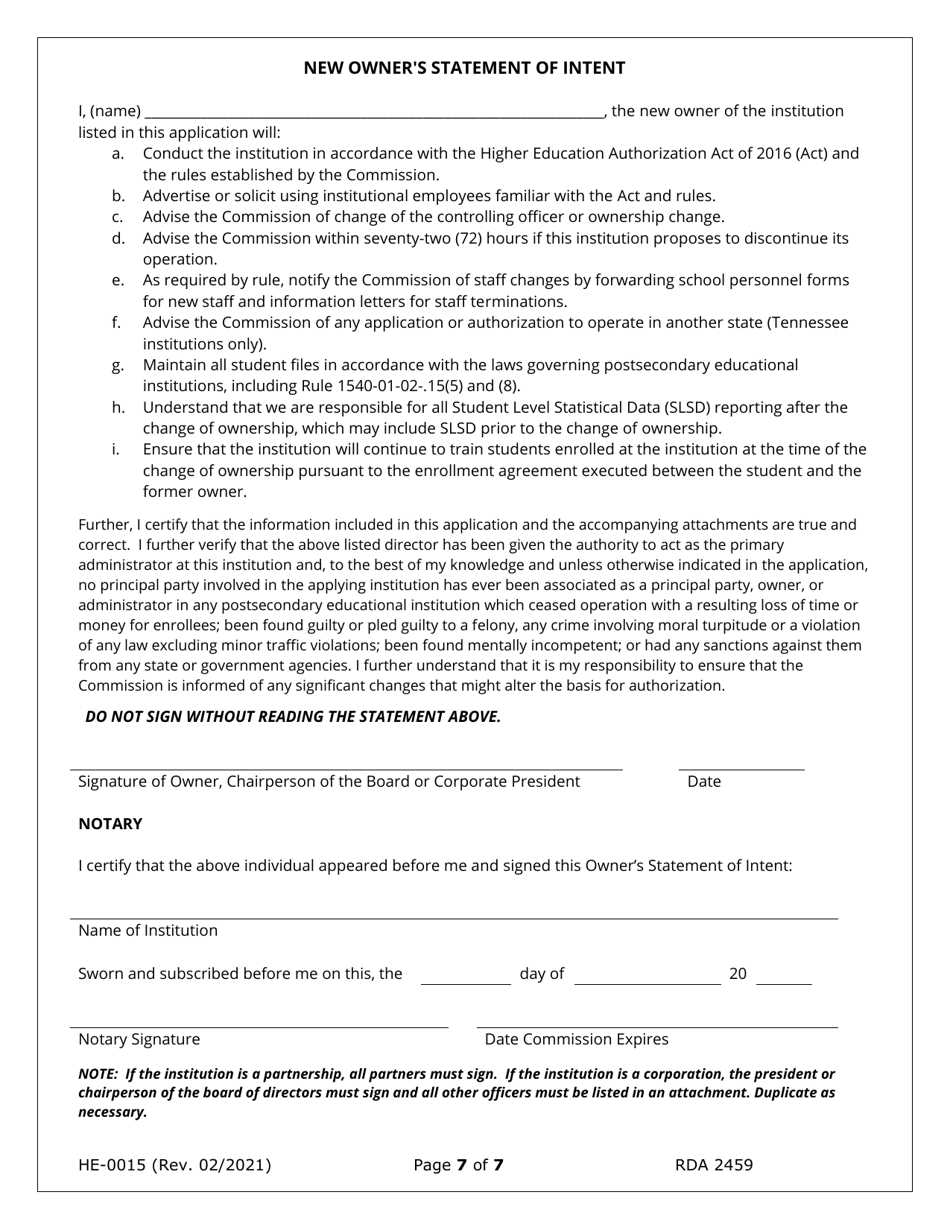 Form HE-0015 Application for Change of Ownership and Request for Conditional Authorization - Tennessee, Page 7