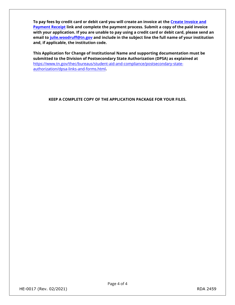Form HE-0017 Application for Change of Institutional Name - Tennessee, Page 4