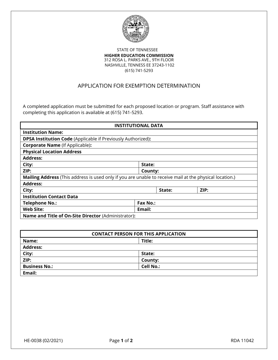 Form HE-0038 Application for Exemption Determination - Tennessee, Page 1