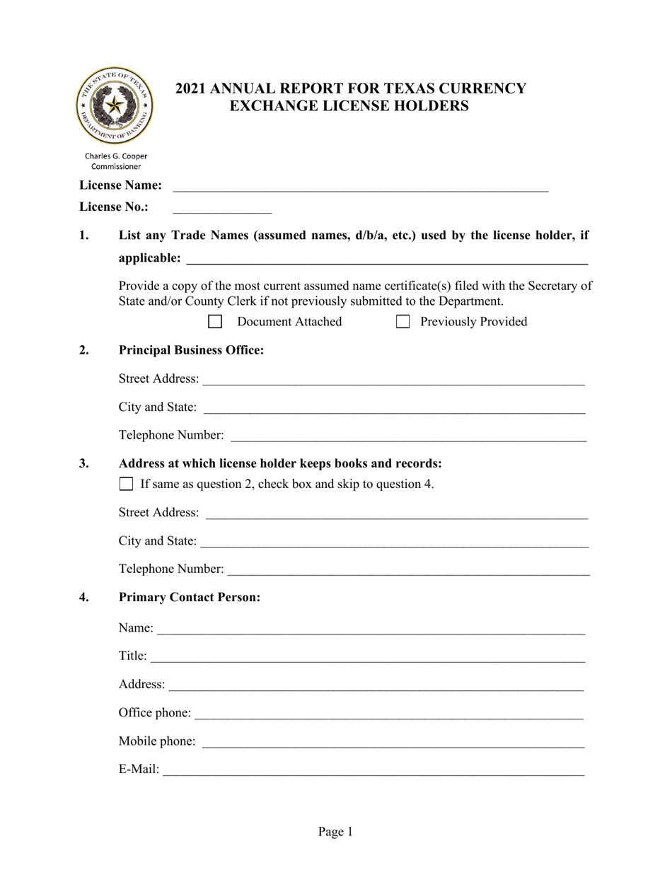 Annual Report for Texas Currency Exchange License Holders - Texas, Page 1