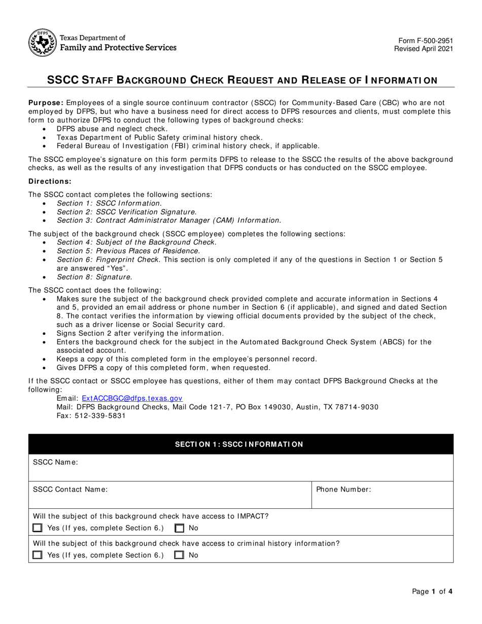 Form F-500-2951 Sscc Staff Background Check Request and Release of Information - Texas, Page 1