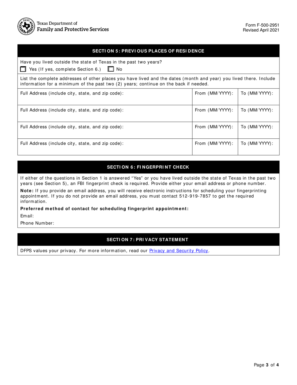 Form F-500-2951 Sscc Staff Background Check Request and Release of Information - Texas, Page 3