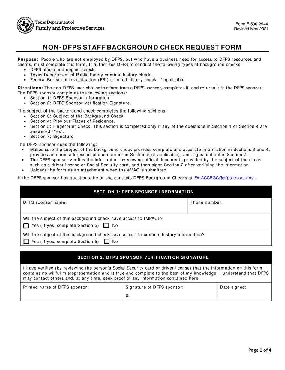 Form F-500-2944 Non-dfps Staff Background Check Request Form - Texas, Page 1