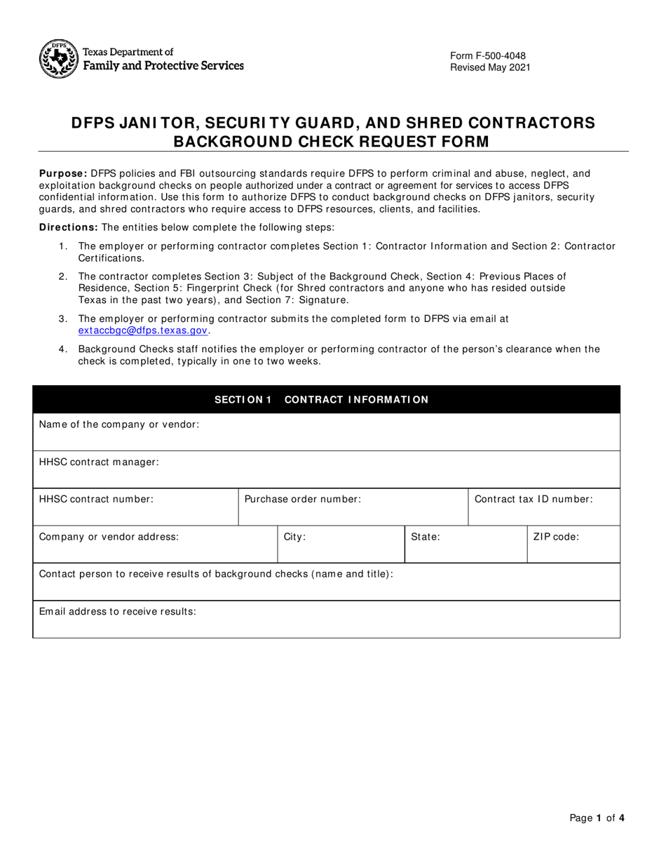 Form F-500-4048 Dfps Janitor, Security Guard, and Shred Contractors Background Check Request Form - Texas, Page 1