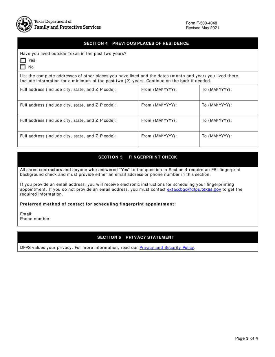 Form F-500-4048 Dfps Janitor, Security Guard, and Shred Contractors Background Check Request Form - Texas, Page 3