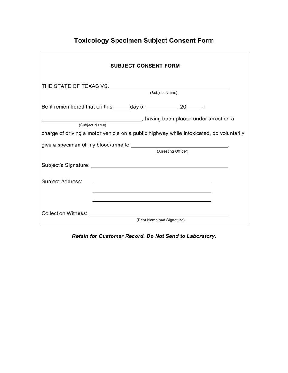 Form LAB-0 Toxicology Specimen Subject Consent Form - Texas, Page 1