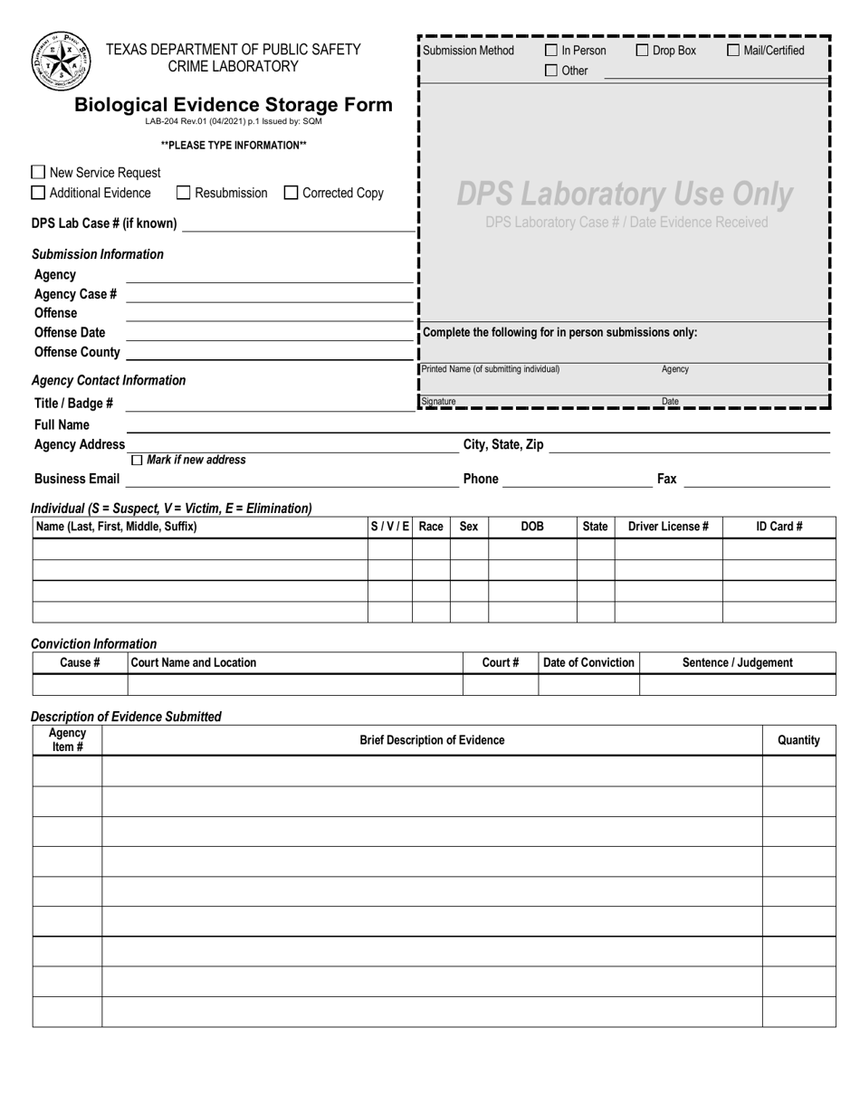 Form LAB-204 Biological Evidence Storage Form - Texas, Page 1