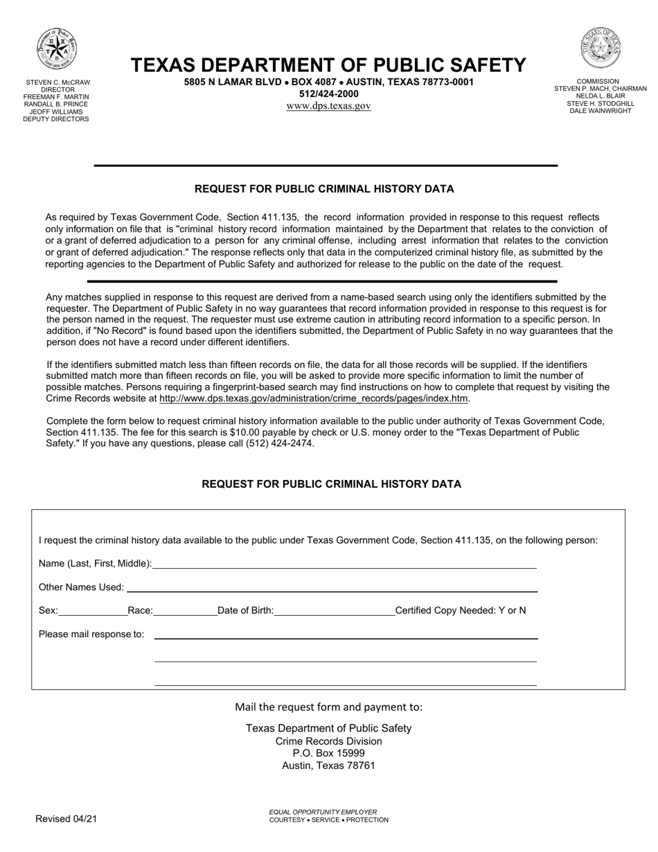 Form CR-42 Request for Public Criminal History Data - Texas, Page 1