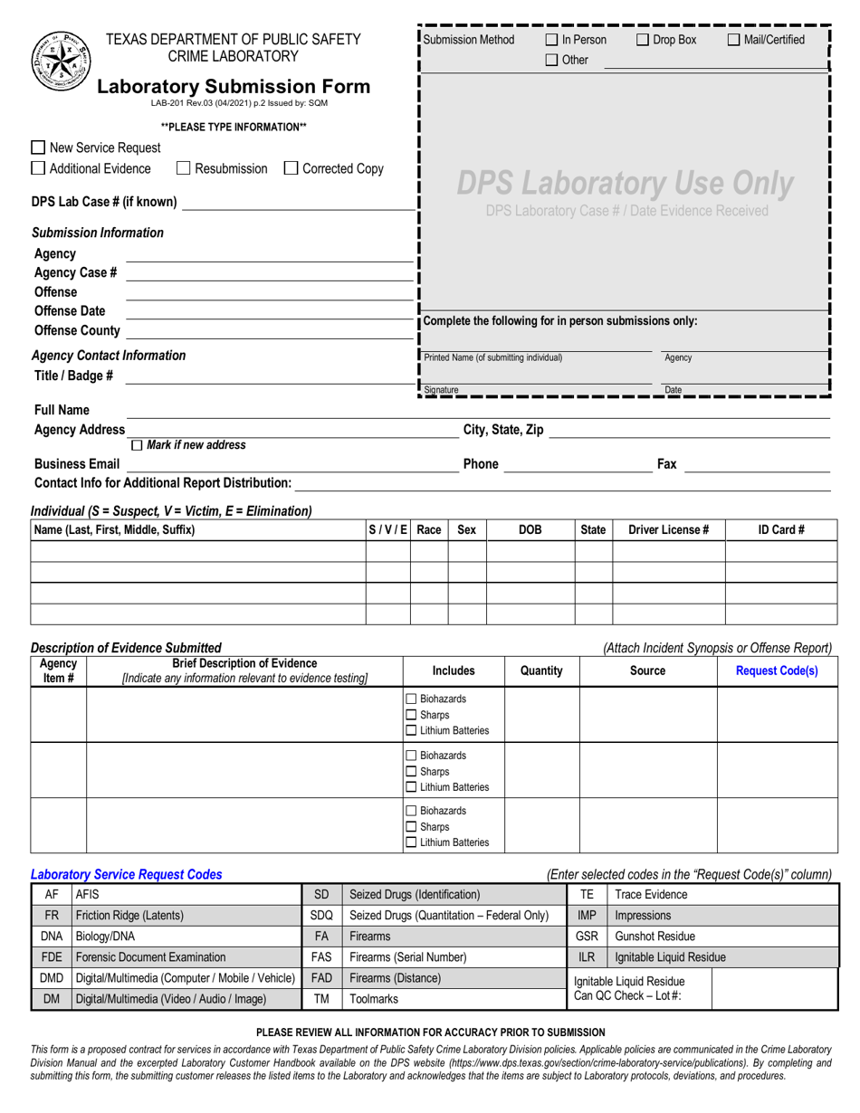 Form LAB-201 Laboratory Submission Form - Texas, Page 1