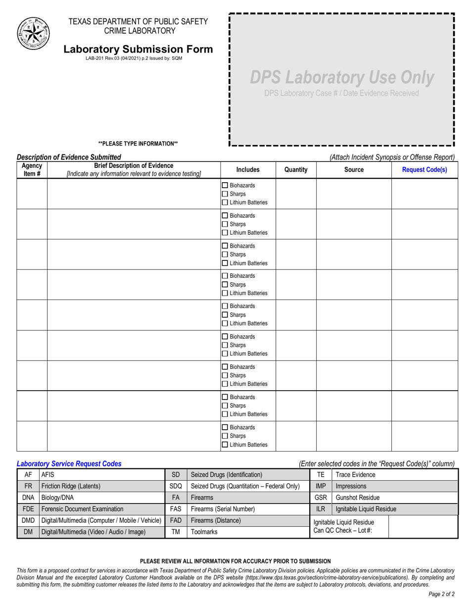 Form LAB-201 Laboratory Submission Form - Texas, Page 2