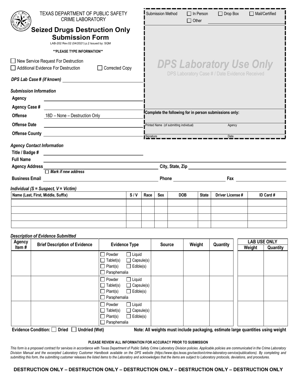 Form LAB-202 Seized Drugs Destruction Only Submission Form - Texas, Page 1